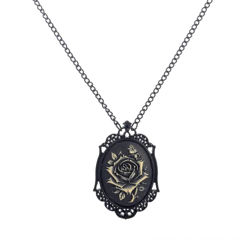 Victorian steampunk rose cameo necklace featuring ornate lace-style black metal frame with bronze rose cameo, attached to black cable chain, gothic vintage jewelry on white background