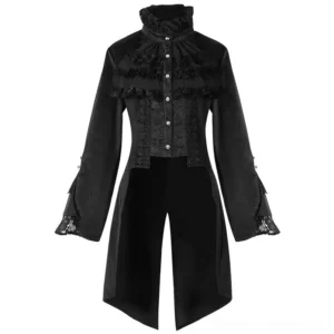 Black Victorian steampunk tailcoat shirt front view with ruffled jabot collar, lace trims, split tail hem, and pearl buttons