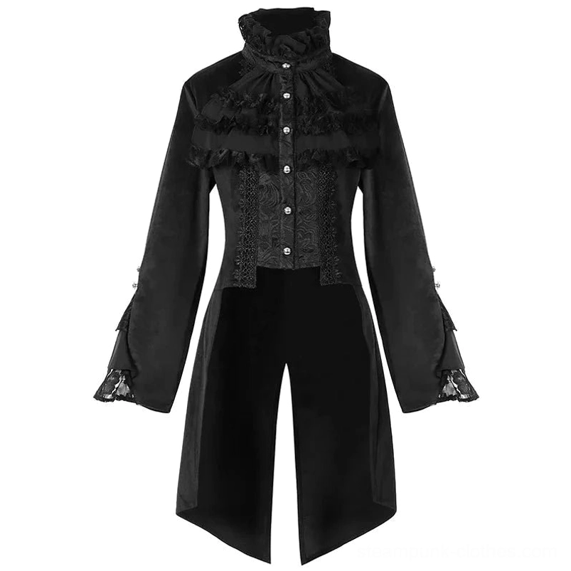 Black Victorian steampunk tailcoat shirt front view with ruffled jabot collar, lace trims, split tail hem, and pearl buttons