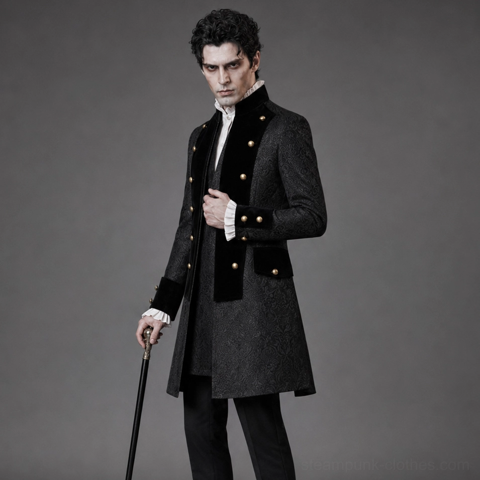 Victorian steampunk formal coat three quarter view with walking cane accessory tailored silhouette