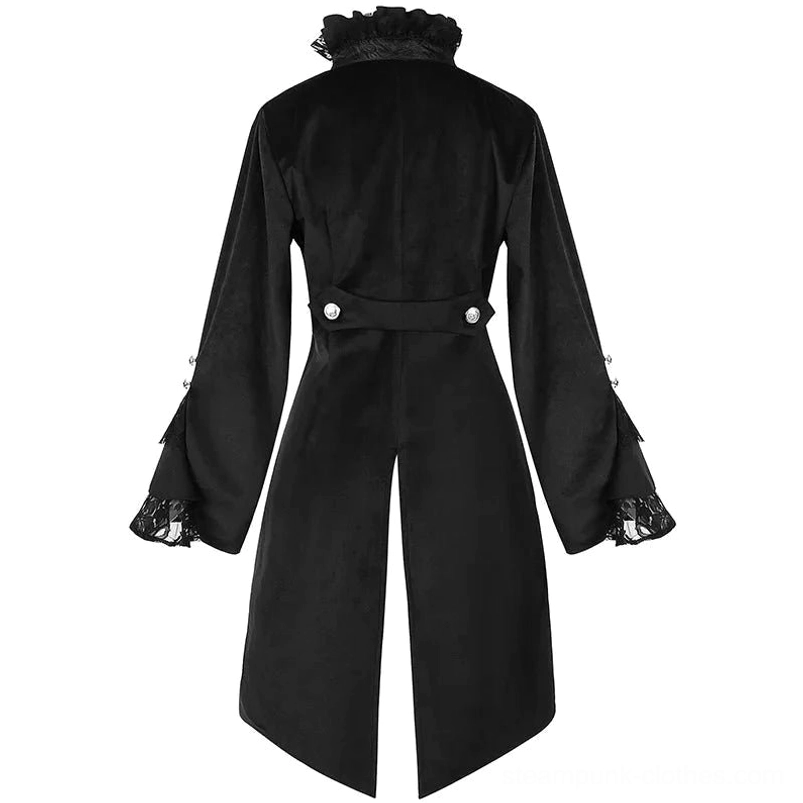 Back view of black Victorian steampunk shirt displaying waist strap, split tail hem, and lace-trimmed cuffs