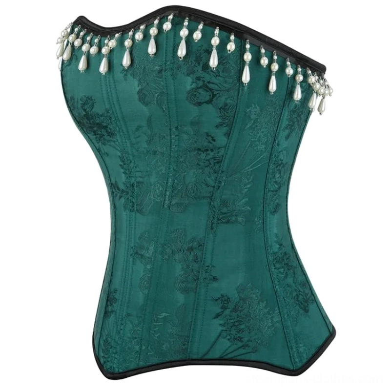 Emerald jacquard steampunk corset side profile view with pearl tassel trim and black edge binding