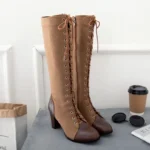 Vintage steampunk knee-high boots with lace-up front and side zipper, two-tone brown suede leather blend, displayed on white background