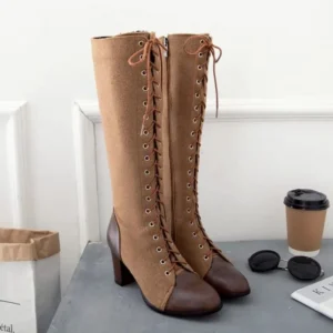Vintage steampunk knee-high boots with lace-up front and side zipper, two-tone brown suede leather blend, displayed on white background