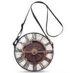 Vintage steampunk clock crossbody bag with Roman numeral dial, exposed brass gears, distressed white finish, black adjustable strap, front view showcase on white background