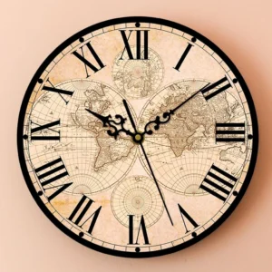 Steampunk antique map clock with black circular frame and intricate vintage map design, shown on clean light background for detailed product showcase