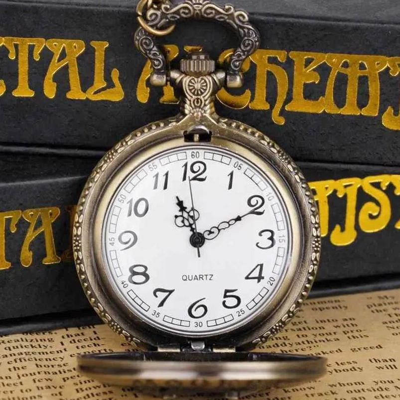 Opened quartz pocket watch displaying white dial with black numerals and flip-open cover featuring detailed relief artwork