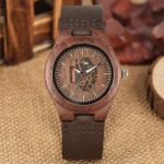 Walnut skeleton steampunk watch with openwork dial and exposed gears on jute backdrop, front flat view showing mechanical elegance
