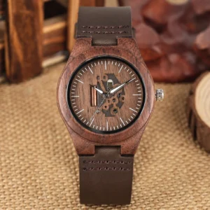 Walnut skeleton steampunk watch with openwork dial and exposed gears on jute backdrop, front flat view showing mechanical elegance