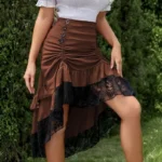 Western steampunk high-low skirt with button details, ruched front panel, lace trim, outdoor garden wear on female model - front view