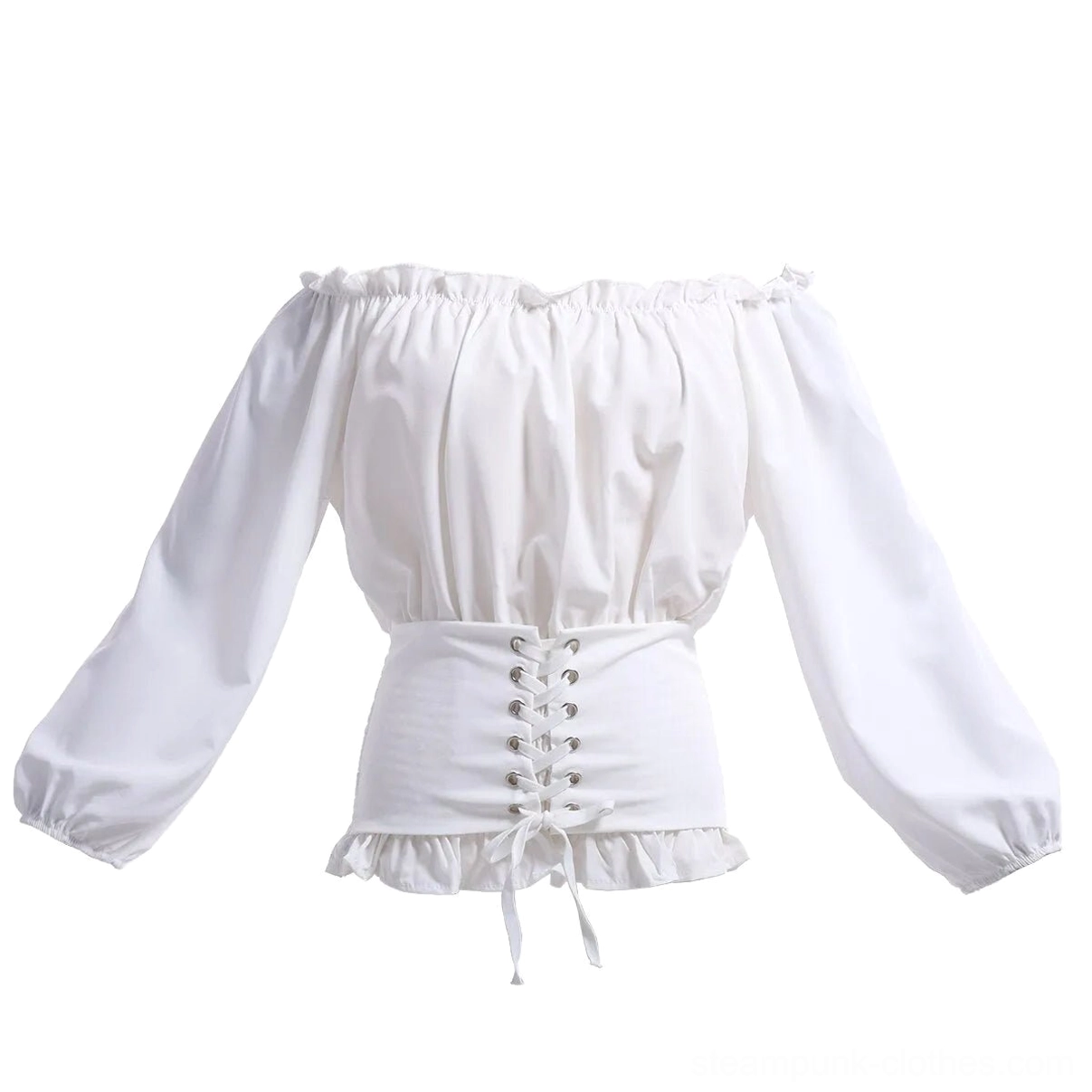White steampunk blouse flat lay front display showing corset lacing waist detail and off-shoulder cut