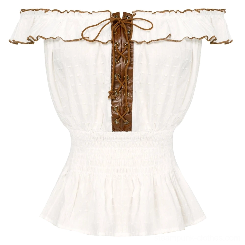 White steampunk off-shoulder blouse flat lay with brown lace-up trim and smocked waist - clean studio background