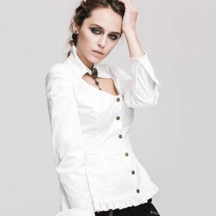 White steampunk shirt three-quarter right view, showing tailored silhouette and button front placket detail
