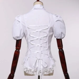 White corset-style puff sleeve steampunk shirt with back lace-up closure, lace-trimmed hem and high collar, displayed on dress form mannequin rear view