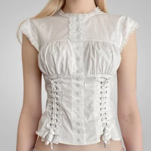 White Victorian Steampunk Corset Blouse with Ruffled Cap Sleeves and Lace-Up Waist – Front View on Model