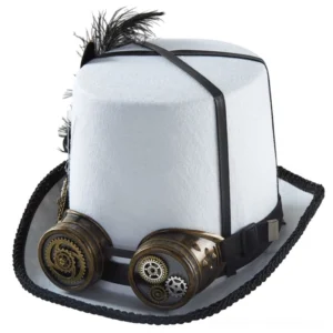 White steampunk top hat with brass goggles and black feather detail, left front three-quarter view showcasing felt construction and vintage-inspired design