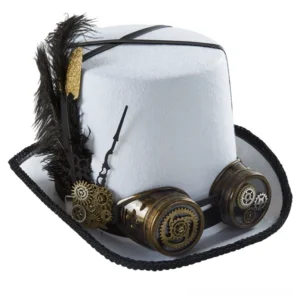 White steampunk top hat right angle view featuring gold glitter feather accent, brass goggles, and black crown straps on studio background