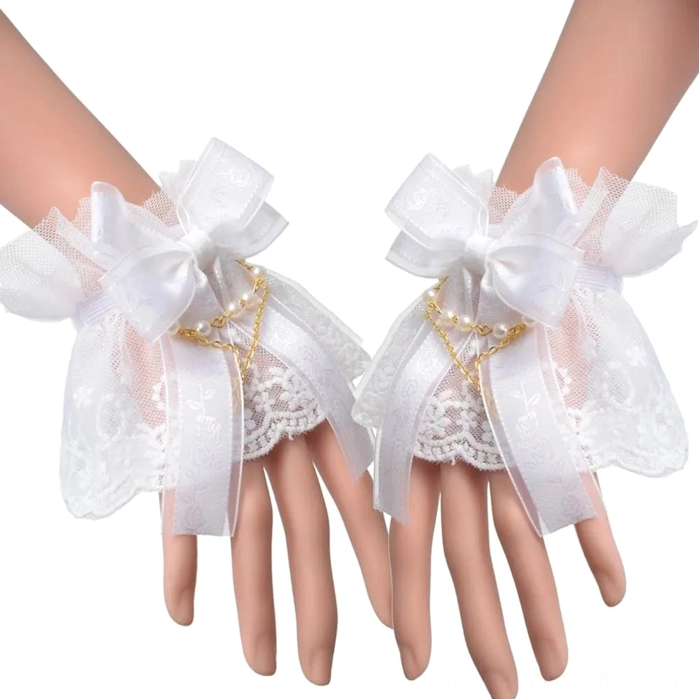 White steampunk lace gloves with gold star pendant chain and faux pearl accents on mannequin hands, front view showcasing Victorian lace details and satin bow