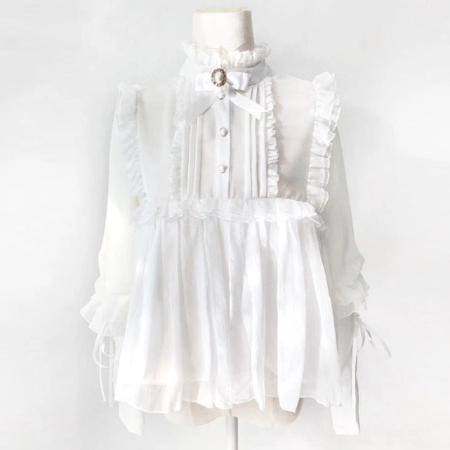 White lolita steampunk blouse complete front view displaying all design elements including lace-up details, ruffles and decorative bow