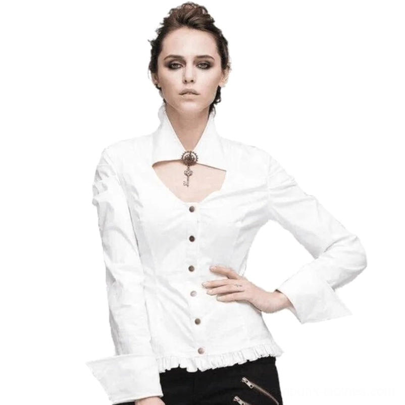 White steampunk open neck shirt front view on model, featuring ruffled cuffs, hem details, and vintage pendant necklace