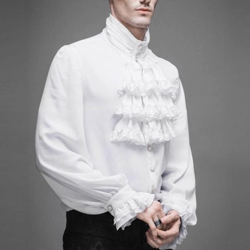 White steampunk renaissance blouse showing three-quarter angle with soft fabric ruffles and button closure details
