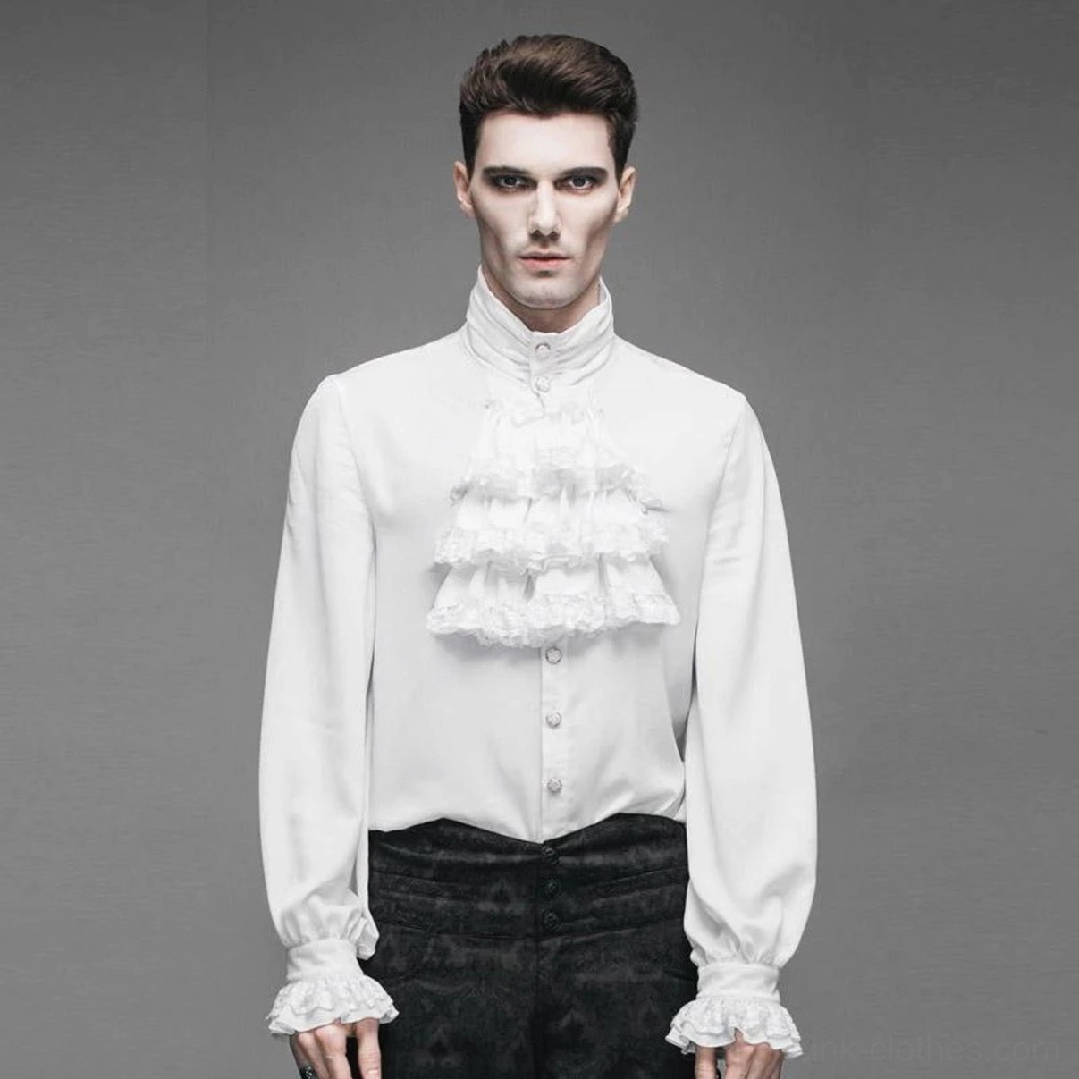 White steampunk renaissance shirt for men featuring cascading lace jabot collar and ruffled cuffs, full front view