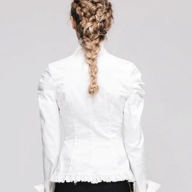 White steampunk high collar shirt rear view on braided hair model, displaying ruffled hem and gathered sleeve construction
