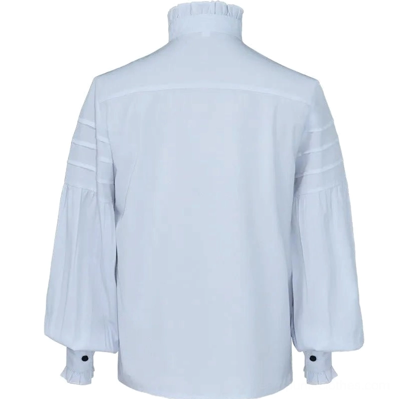 White Victorian steampunk shirt back flat lay view showcasing ruffled collar back, pintuck body details, and ruffled bishop cuff construction