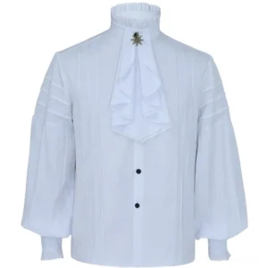White steampunk dress shirt front flat lay view displaying ruffled stand collar, decorative brooch, button placket, and pintuck sleeve details