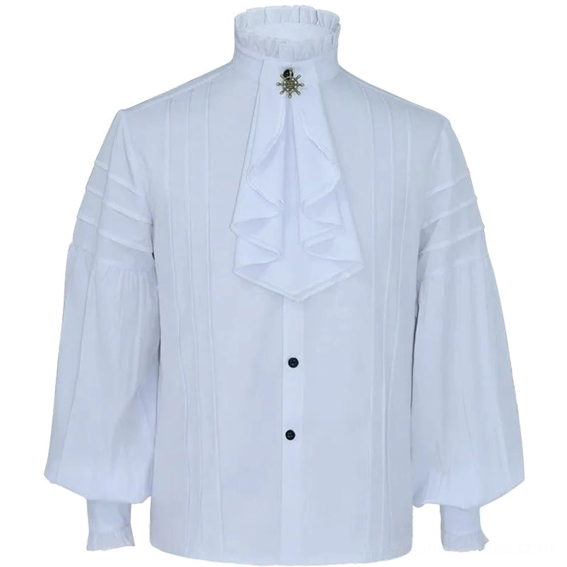 White steampunk dress shirt front flat lay view displaying ruffled stand collar, decorative brooch, button placket, and pintuck sleeve details