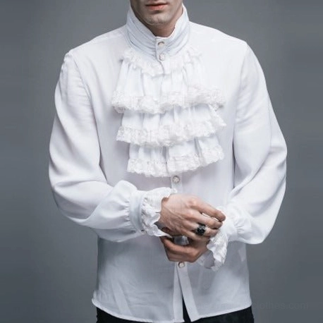 White steampunk renaissance shirt rear-three-quarter view displaying layered lace jabot and ruffled cuff construction
