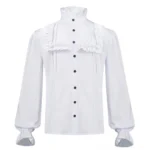 White steampunk Victorian ruffled shirt front full view with stand-up collar, black button placket, and lantern sleeves