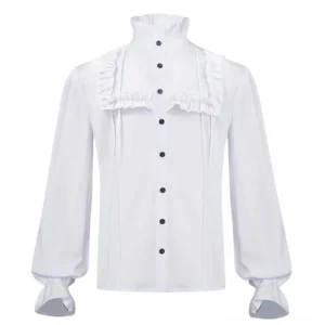 White steampunk Victorian ruffled shirt front full view with stand-up collar, black button placket, and lantern sleeves