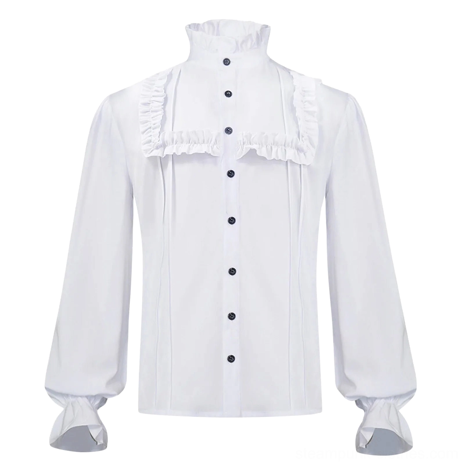 White steampunk Victorian ruffled shirt front full view with stand-up collar, black button placket, and lantern sleeves