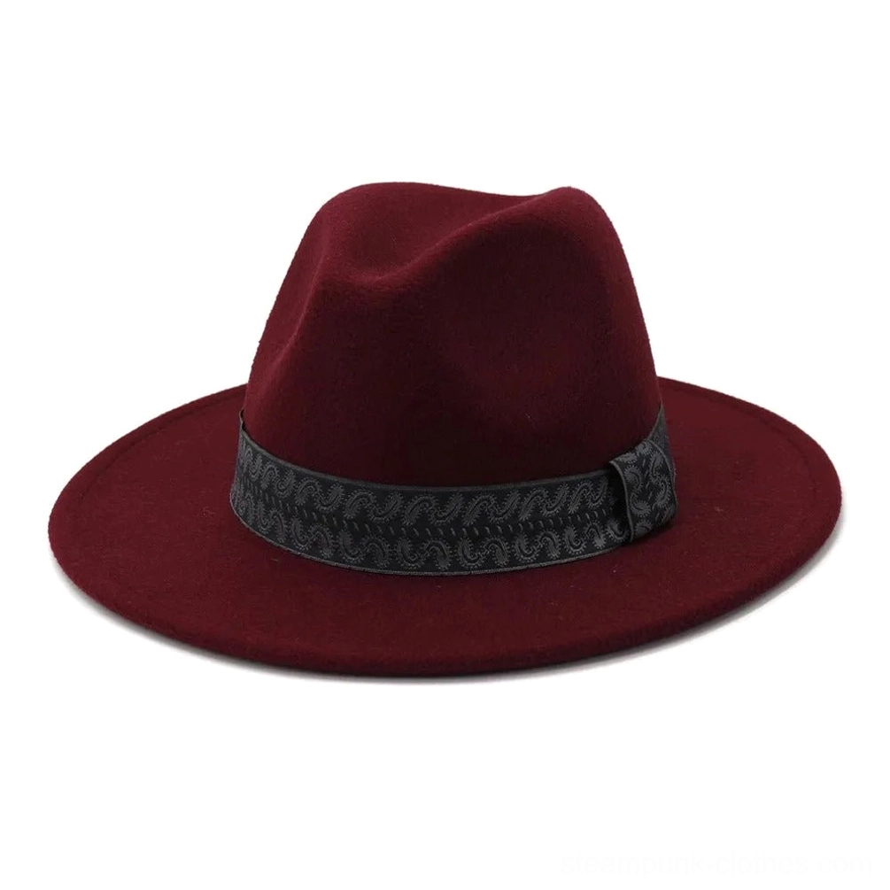 Wine burgundy steampunk fedora hat with paisley patterned band, three-quarter front view