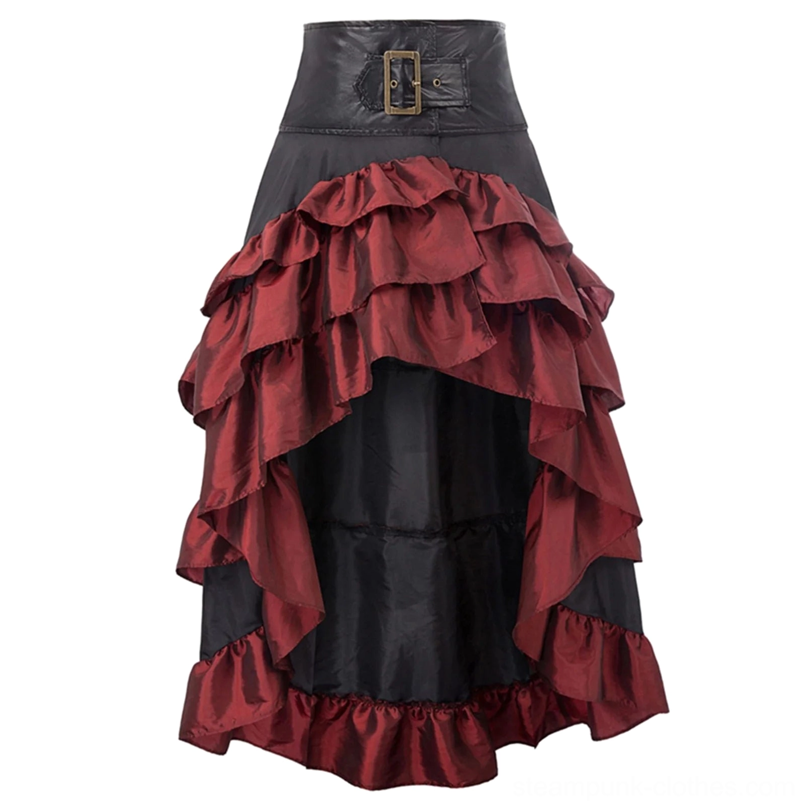 Close-up front display of wine-red steampunk bustle skirt with square metal waist buckle and tiered ruffled construction in burgundy tone