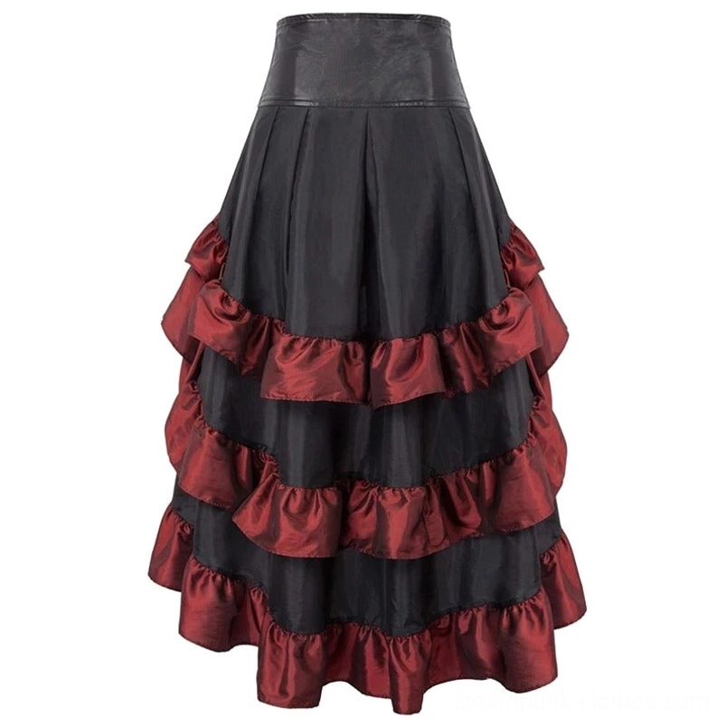 Full front view solo display of wine-red steampunk tiered ruffle skirt showing burgundy-toned layered ruffles and asymmetrical high-low hemline design
