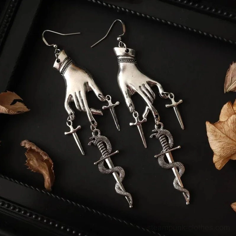 Antique silver witch hand earrings with coiled serpent sword and dagger pendants gothic style