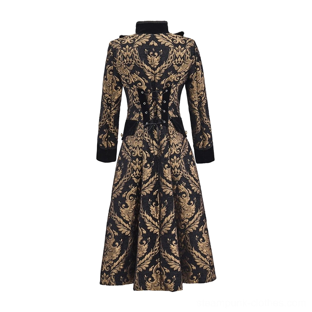 Steampunk coat rear full-body view displaying corset-style back closure, stand collar, and gothic elegance of this premium women's outerwear