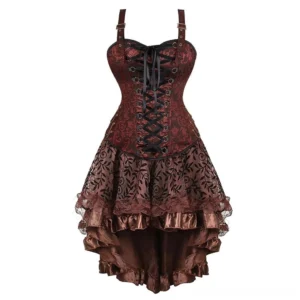 Women's Steampunk Corset Dress with Heart-Shaped Neckline - Black Lace-Up Front and Layered Mesh Satin High-Low Hem Detail