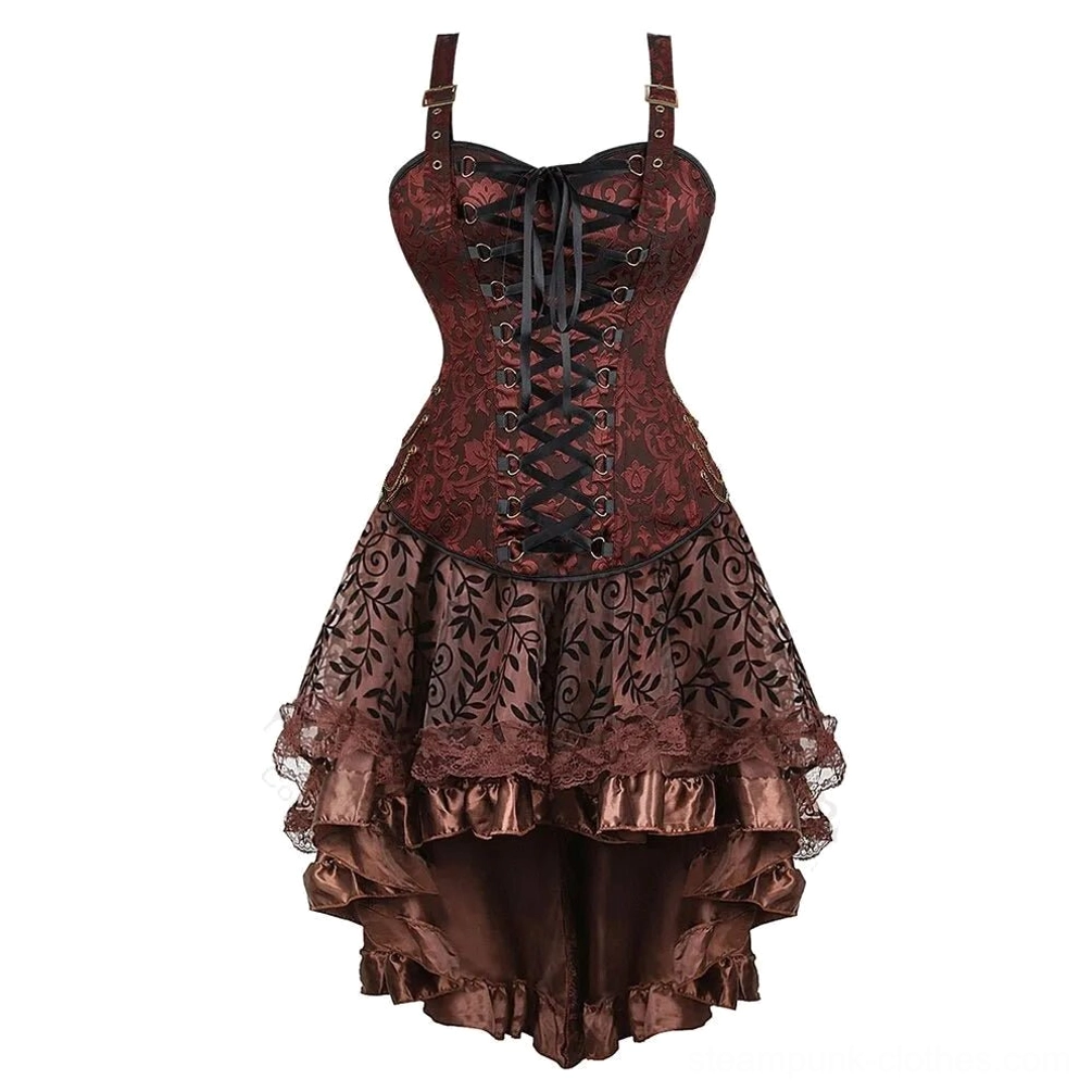 Women's Steampunk Corset Dress with Heart-Shaped Neckline - Black Lace-Up Front and Layered Mesh Satin High-Low Hem Detail