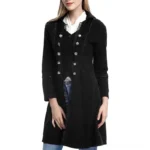 Women's black steampunk coat front view showcasing faux vest overlay and precision silver decorative buttons with lace trim details