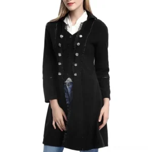 Women's black steampunk coat front view showcasing faux vest overlay and precision silver decorative buttons with lace trim details