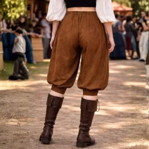 Women's pirate medieval breeches rear view, showing elasticated back waist and cropped gathered cuffs, khaki color with period-appropriate details