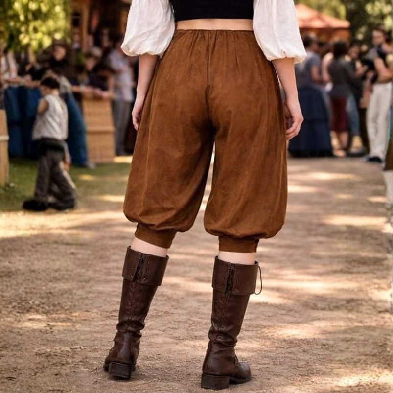 Women's pirate medieval breeches rear view, showing elasticated back waist and cropped gathered cuffs, khaki color with period-appropriate details