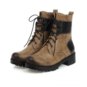 Women's steampunk lace-up combat boots front view - two-tone brown and black leather upper with black laces, chunky industrial lug sole, and mid-calf silhouette
