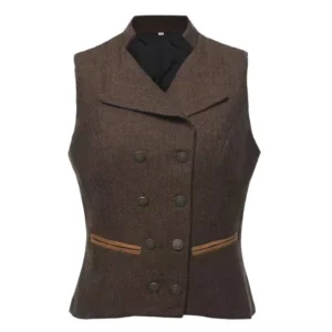 Flat lay front view of women's brown steampunk waistcoat vest displaying double-breasted metal buttons, brown pocket accents, and black inner lining detail