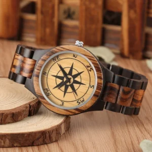 Steampunk wooden quartz watch top-down side view showing full link wooden band, metal buckle clasp, and printed compass dial detail