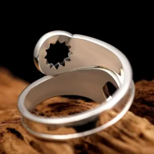 Top-down perspective of adjustable wrench ring displaying gear-shaped hollow opening and open-band wrap-around structure in polished stainless steel